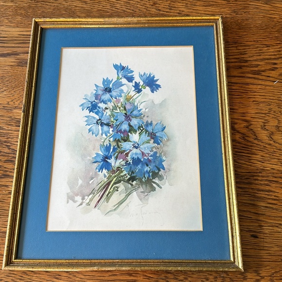 Vintage Blue Floral Framed picture Boho Cottage Core Flowers Art - Picture 2 of 7